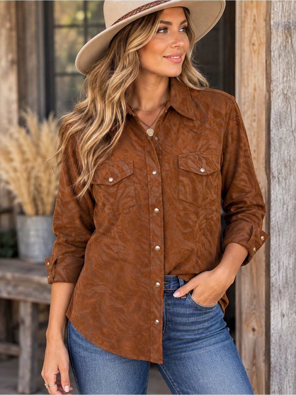 Cowgirl Hardware Brown Faux Suede Zebra Western Snap Shirt Women’s M